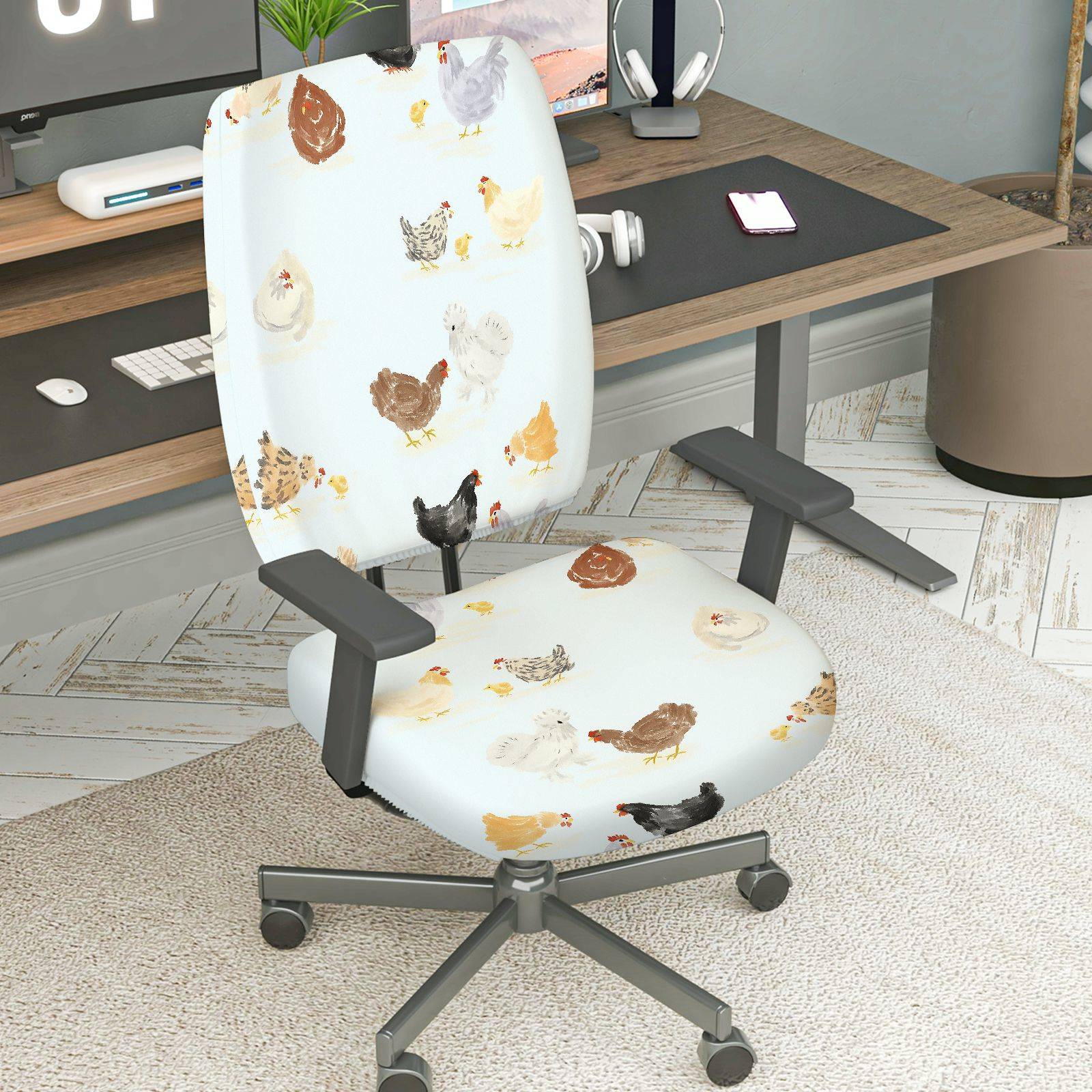 2-Piece Animal Chicken Print  Computer Chair Cover Set, Seat and Backrest