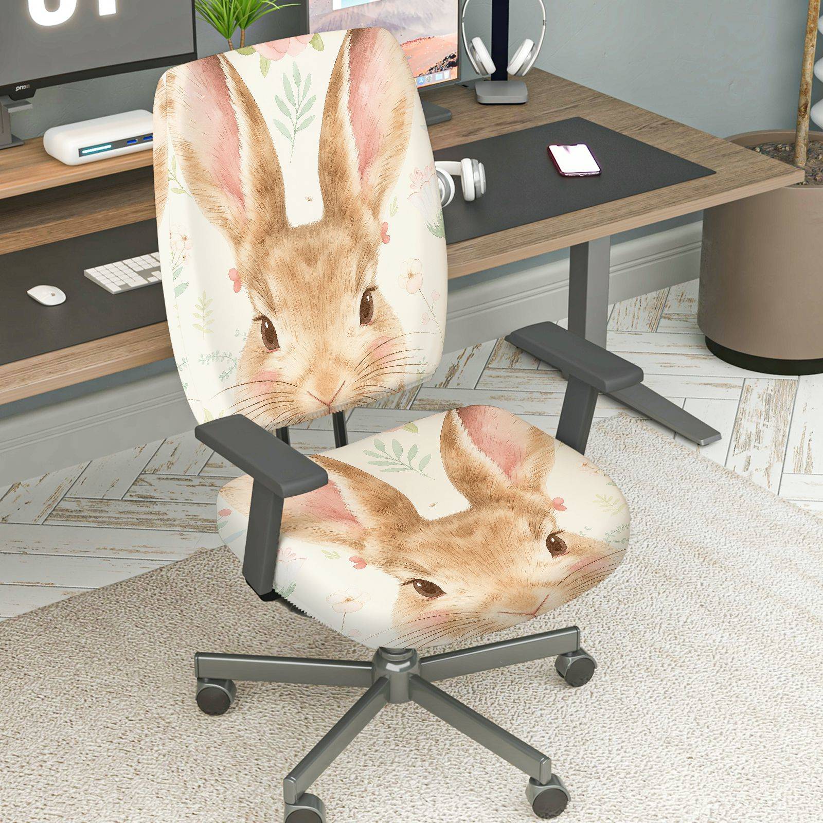 2-Piece Bunny Pastoral Animal Floral Cute Easter  Computer Chair Cover Set, Seat and Backrest