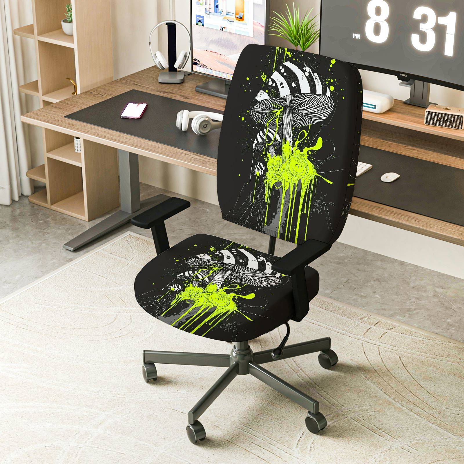 2-Piece Abstract Psychedelic Mushroom Art Green Splash Black  Computer Chair Cover Set, Seat and Backrest