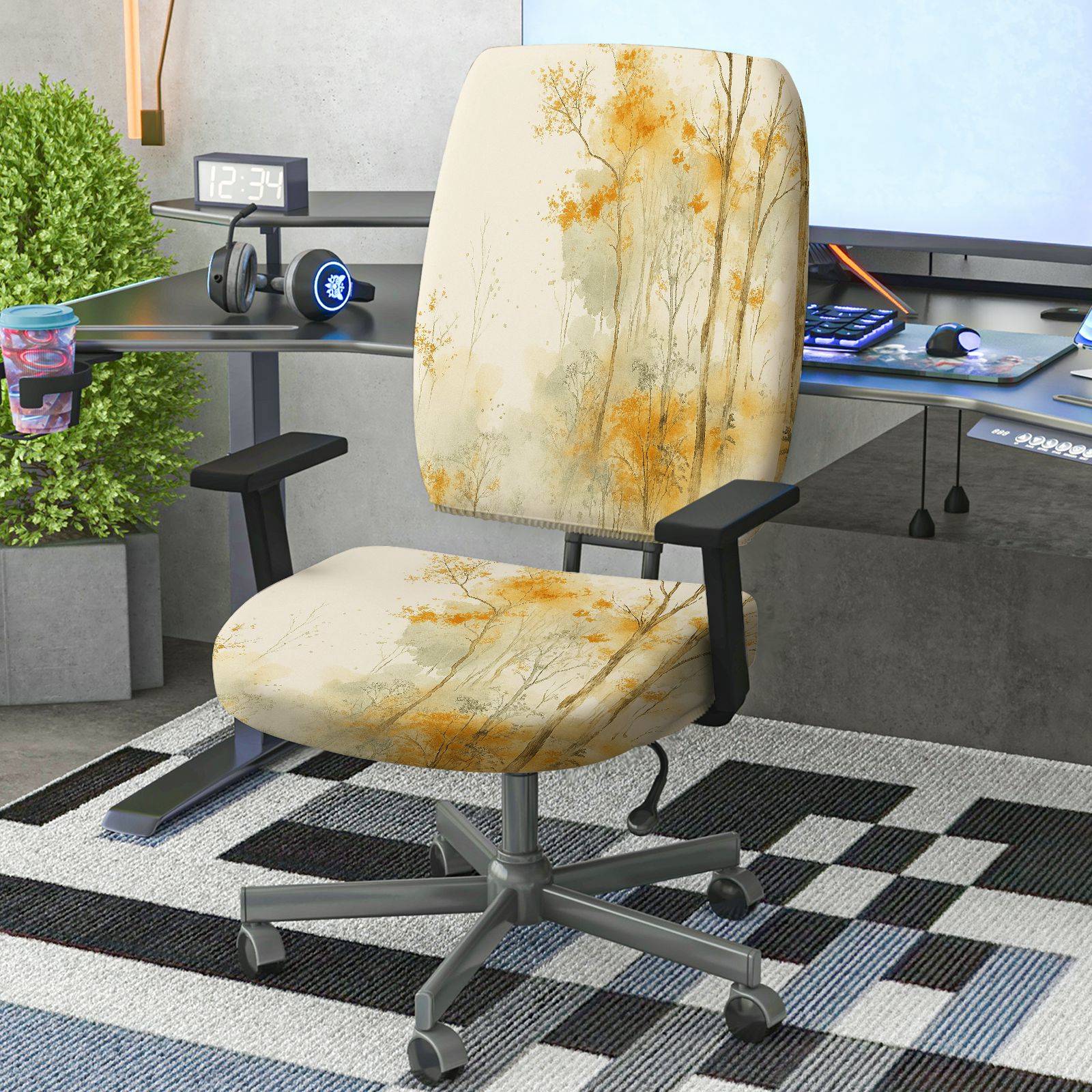 2-Piece Autumn Scenic Forest Tree Artistic  Computer Chair Cover Set, Seat and Backrest