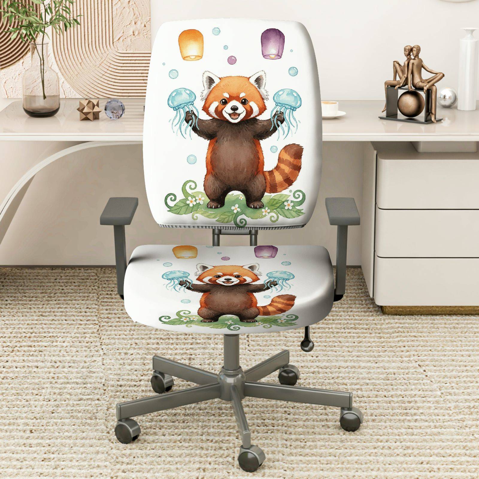 2-Piece Animal Red Panda Jellyfish Lantern  Computer Chair Cover Set, Seat and Backrest