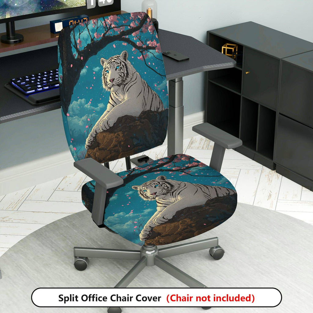 2-Piece White Tiger Cherry Blossom Night Sky Animal Nature  Computer Chair Cover Set, Seat and Backrest