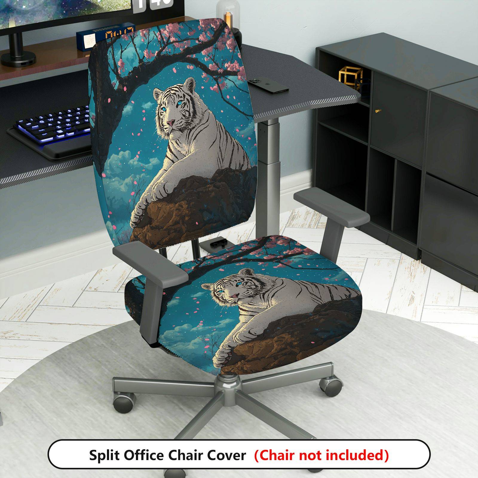 2-Piece White Tiger Cherry Blossom Night Sky Animal Nature  Computer Chair Cover Set, Seat and Backrest