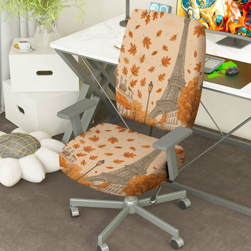 2-Piece Autumn Eiffel Tower Paris Leaves Scenic Print  Computer Chair Cover Set, Seat and Backrest