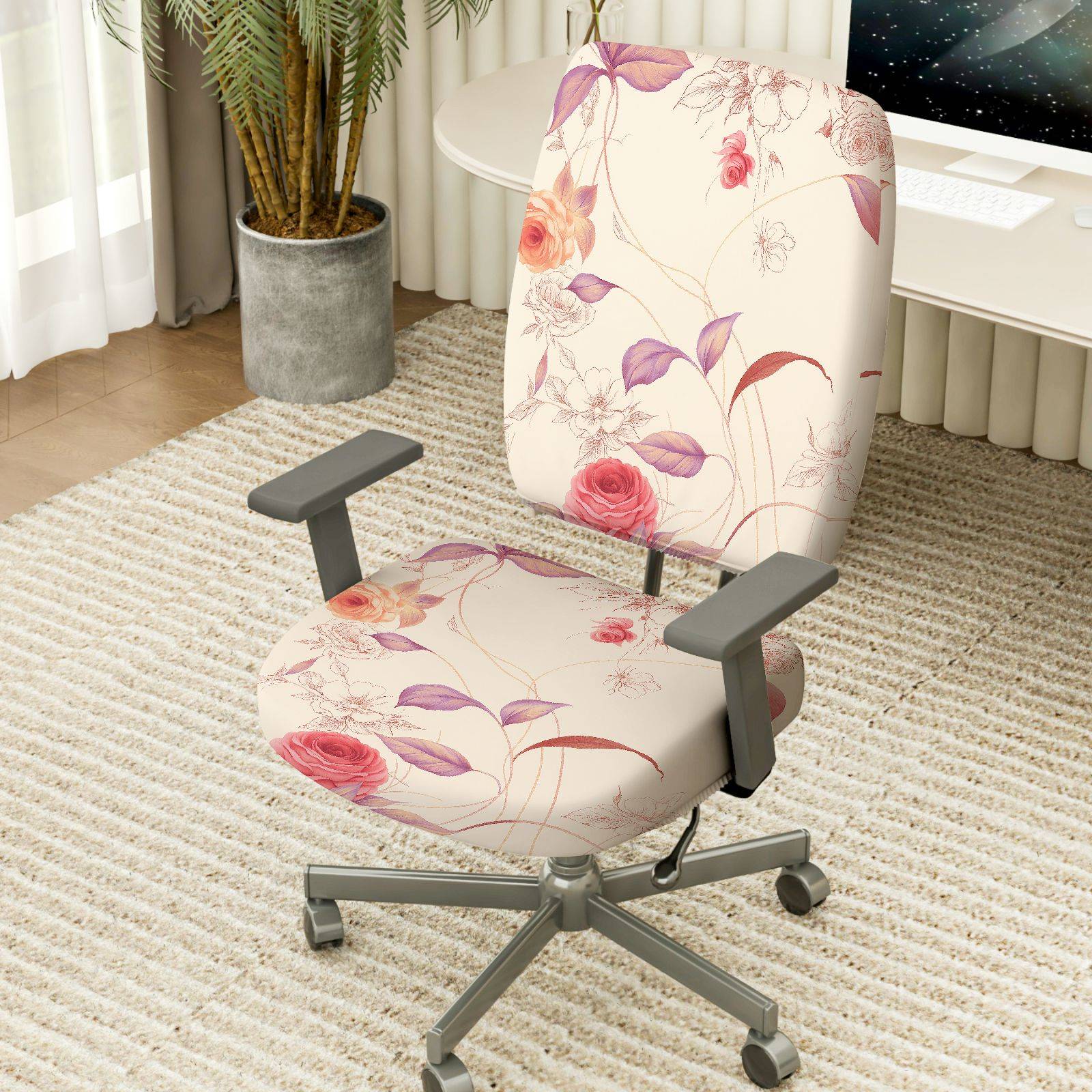 2-Piece Floral Pattern Rose Pink Purple Decorative  Computer Chair Cover Set, Seat and Backrest