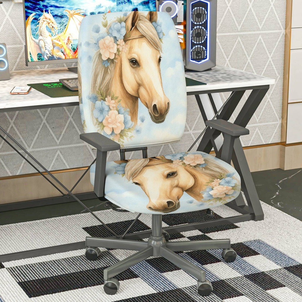 2-Piece Horse Floral Animal Art Modern Stylish  Computer Chair Cover Set, Seat and Backrest
