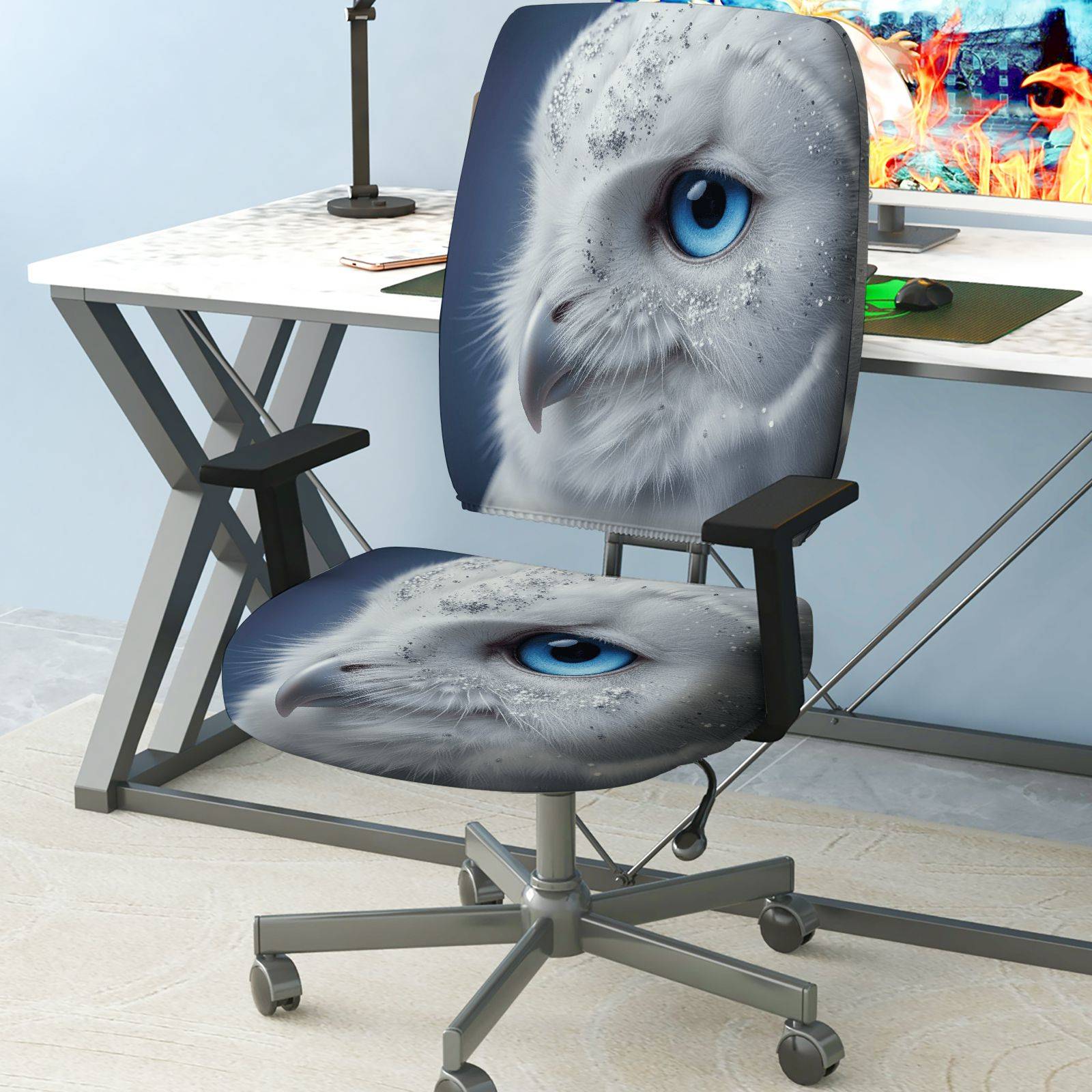 2-Piece Animal Owl Blue Eye Snow Glitter  Computer Chair Cover Set, Seat and Backrest