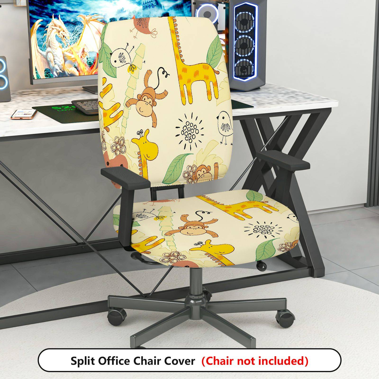2-Piece Animal Giraffe Monkey Leaf Flower  Computer Chair Cover Set, Seat and Backrest