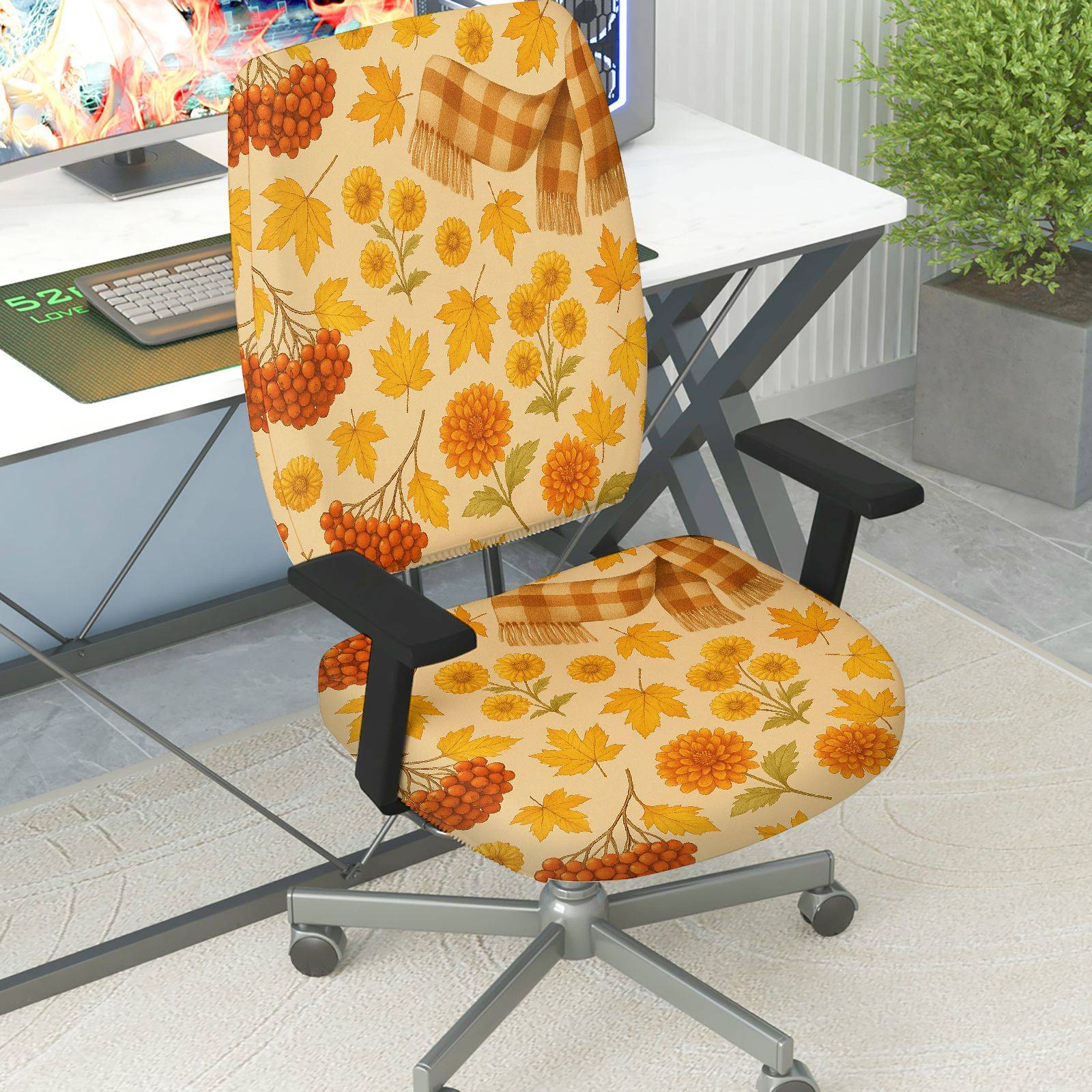 2-Piece Autumn Floral Maple Chrysanthemum Scarf Pattern  Computer Chair Cover Set, Seat and Backrest