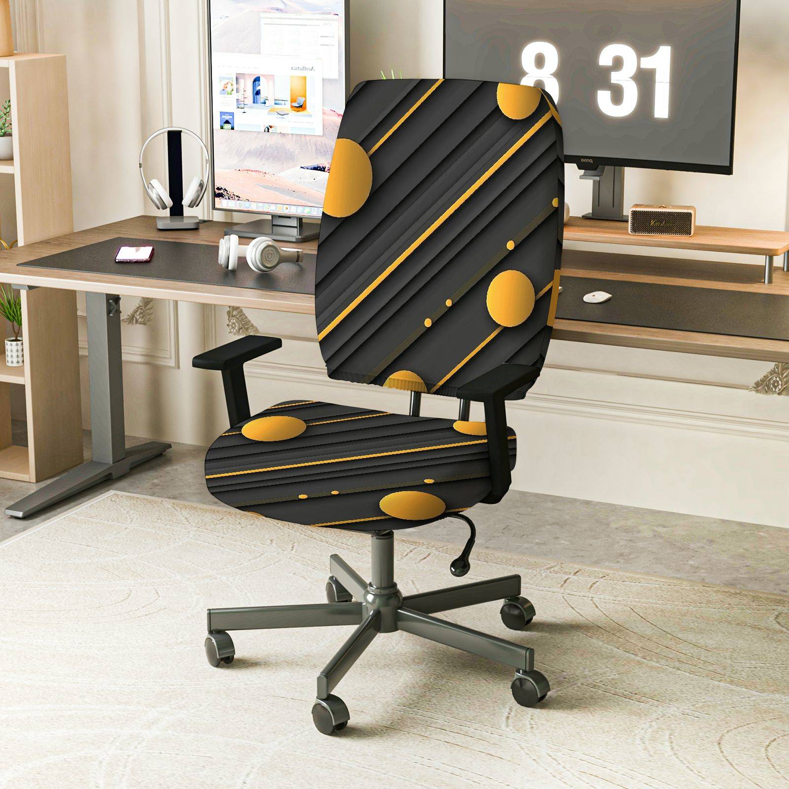 2-Piece Modern Geometric Yellow Black Stylish Trendy  Computer Chair Cover Set, Seat and Backrest