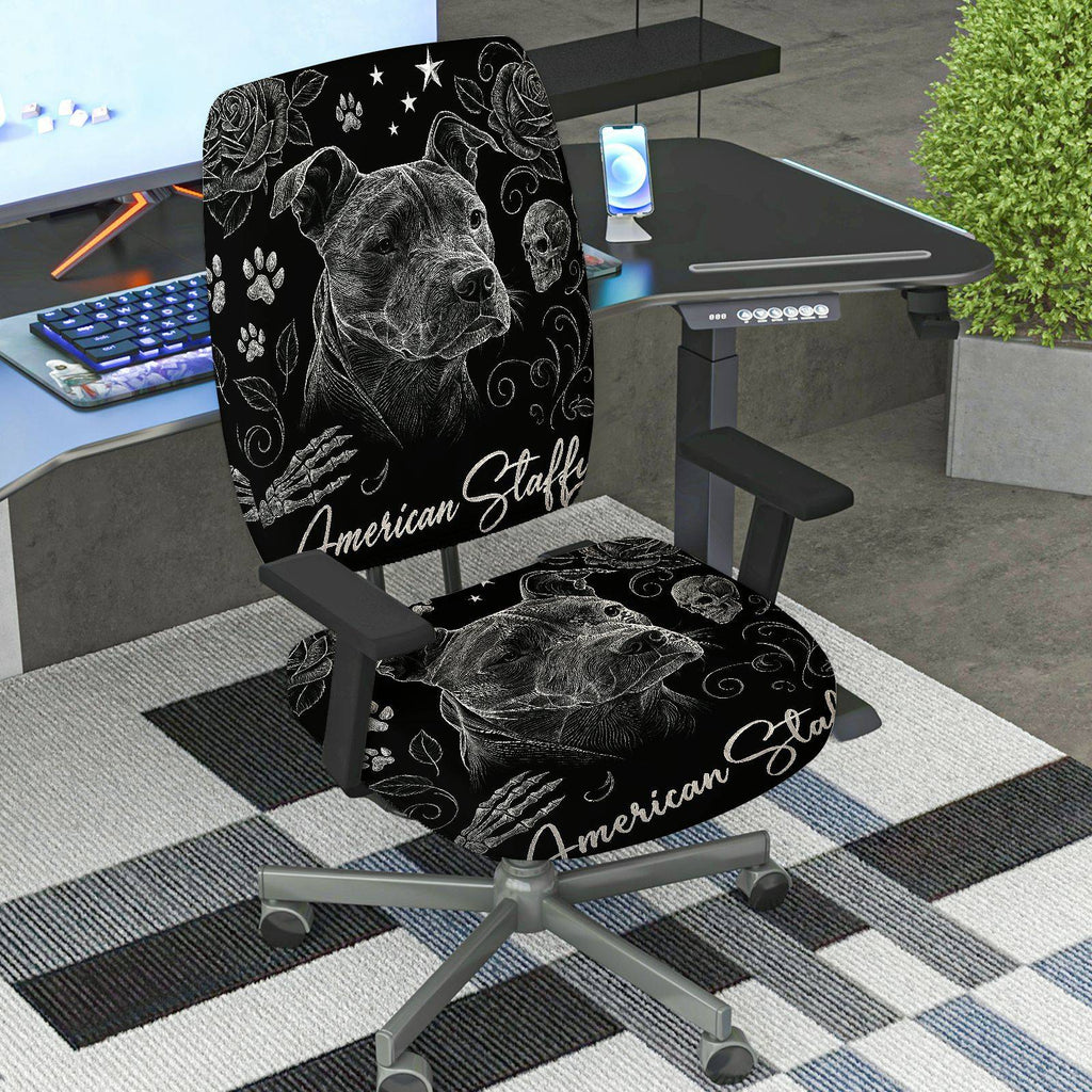 2-Piece American Staff Pitbull Skull Gothic Rose  Computer Chair Cover Set, Seat and Backrest