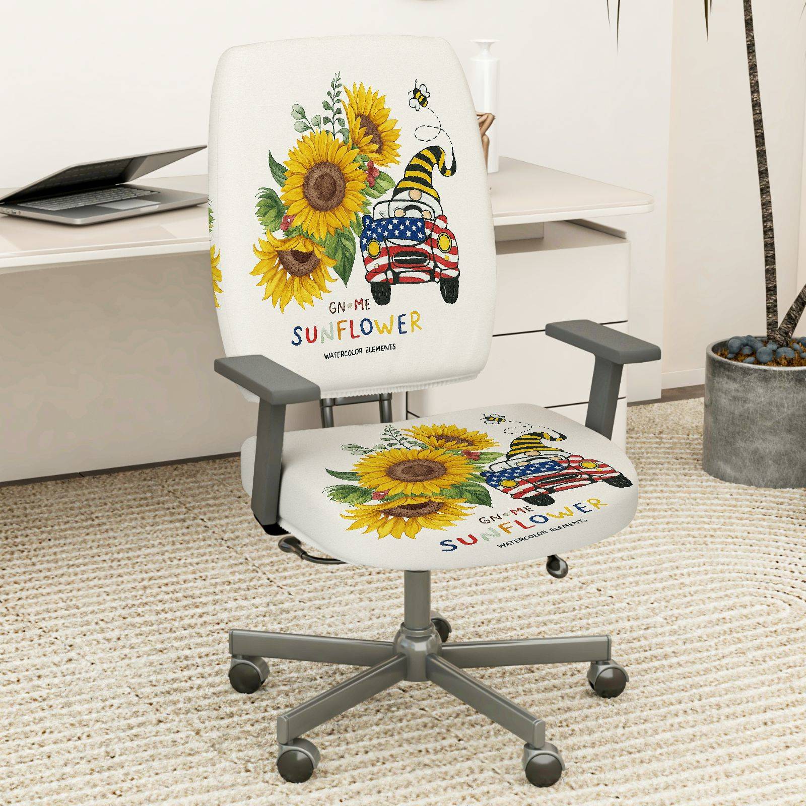2-Piece Sunflower Gnome Christmas American Vintage Car Bee  Computer Chair Cover Set, Seat and Backrest
