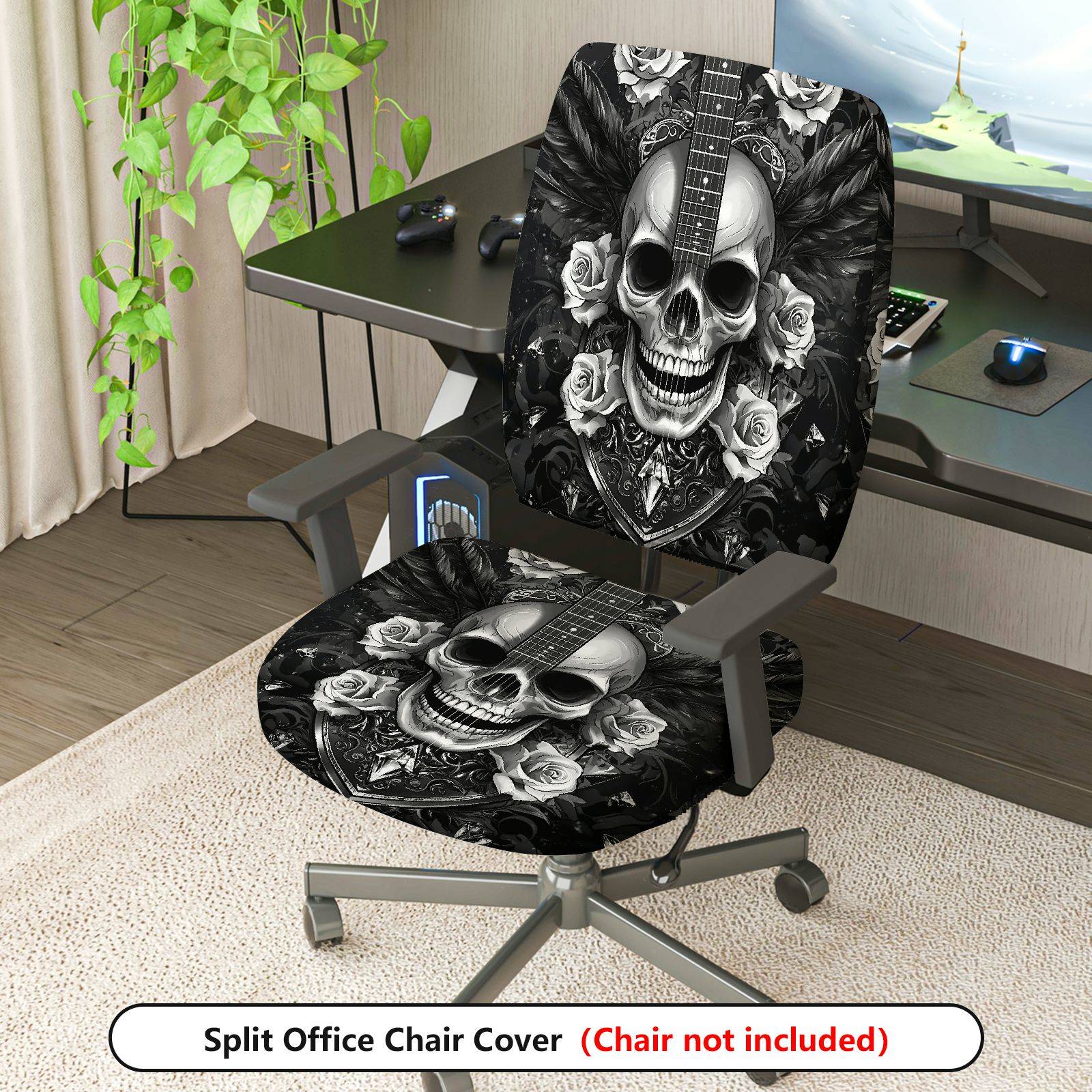 2-Piece Gothic Rose Guitar Black White Printed  Computer Chair Cover Set, Seat and Backrest