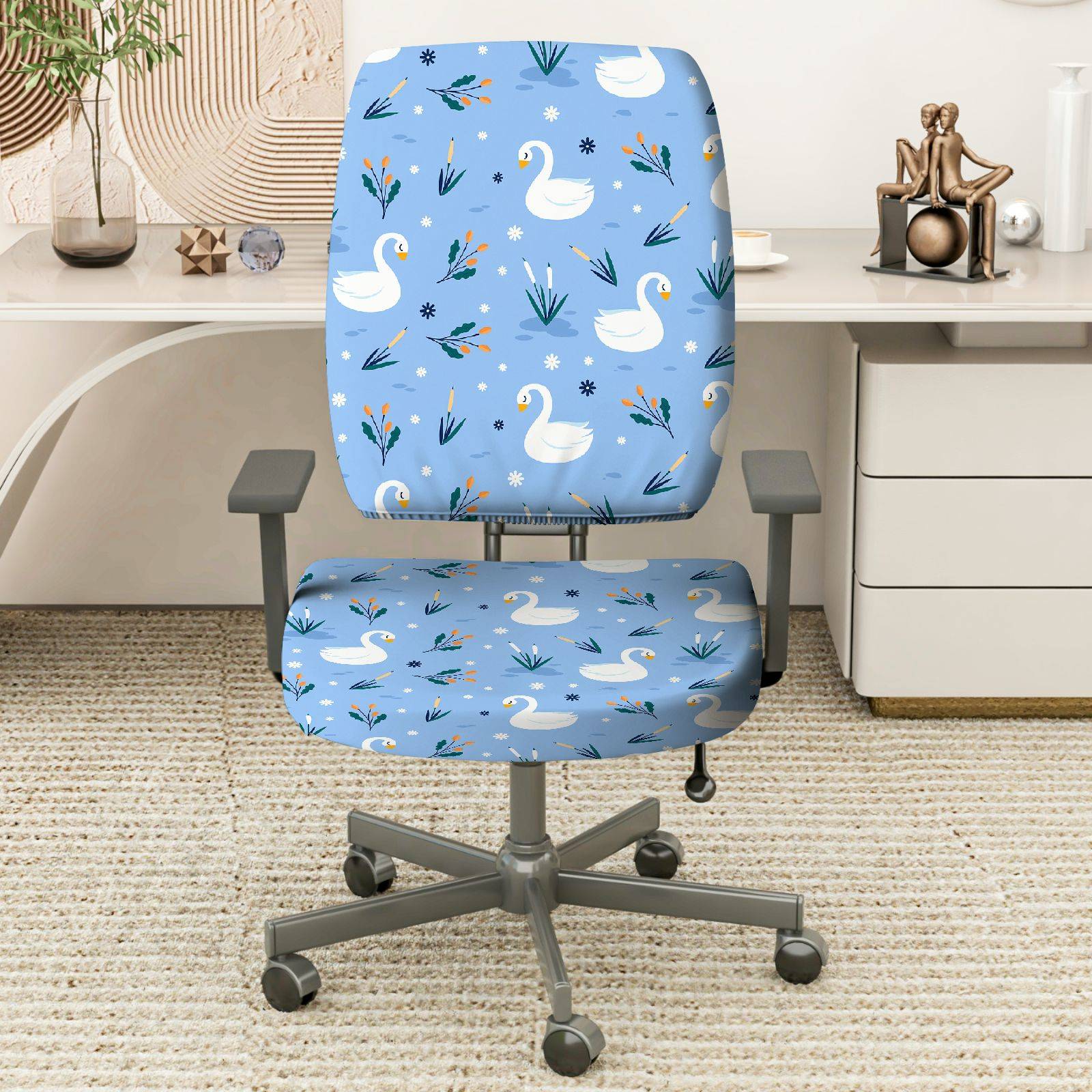 2-Piece Blue Swan Pattern Floral Winter Waterfowl Animal  Computer Chair Cover Set, Seat and Backrest