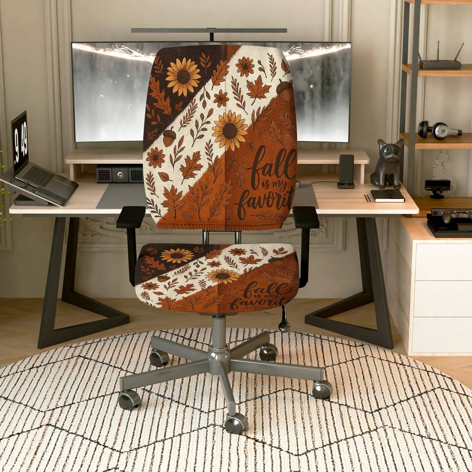 2-Piece Autumn Floral Leaf Text Fall  Computer Chair Cover Set, Seat and Backrest