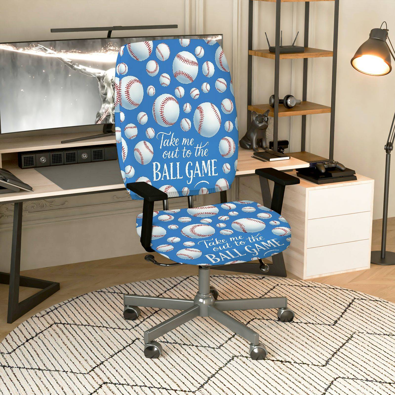 2-Piece Baseball Game Sports Theme Blue Pattern  Computer Chair Cover Set, Seat and Backrest