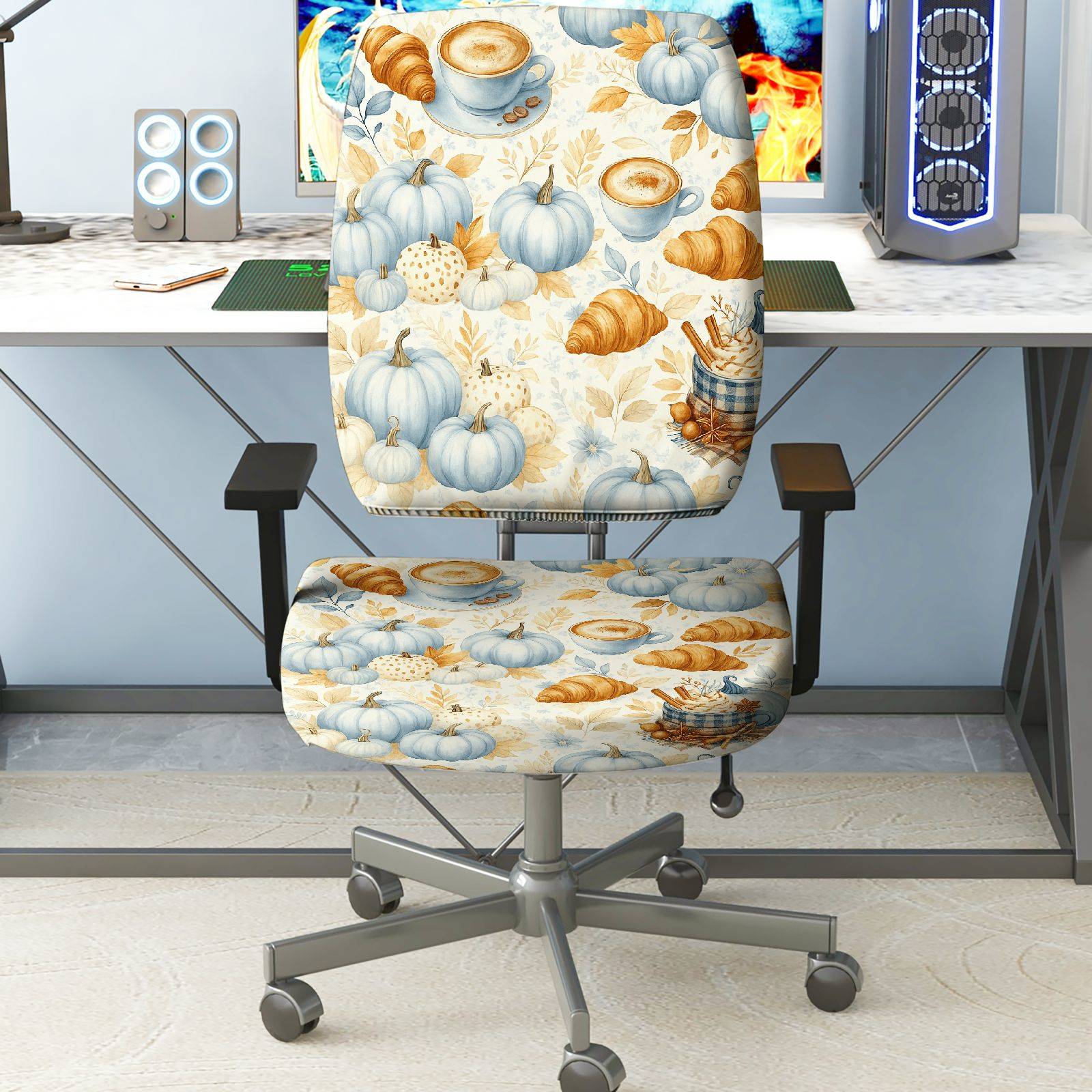 2-Piece Autumn Pumpkin Coffee Croissant Thanksgiving  Computer Chair Cover Set, Seat and Backrest