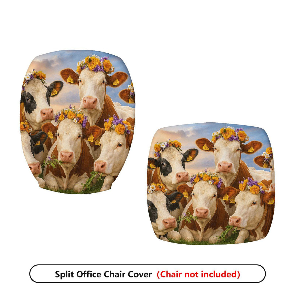 2-Piece Animal Nature Floral Art Cow  Computer Chair Cover Set, Seat and Backrest