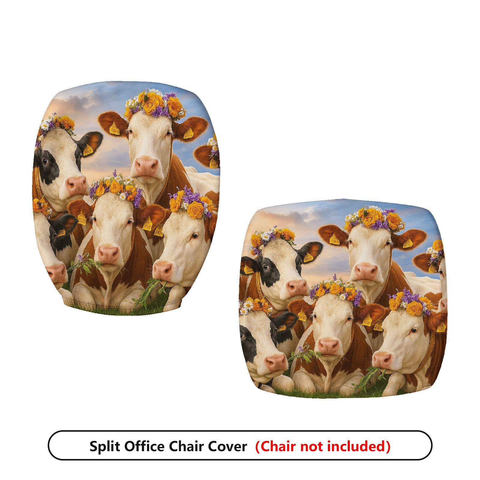2-Piece Animal Nature Floral Art Cow  Computer Chair Cover Set, Seat and Backrest