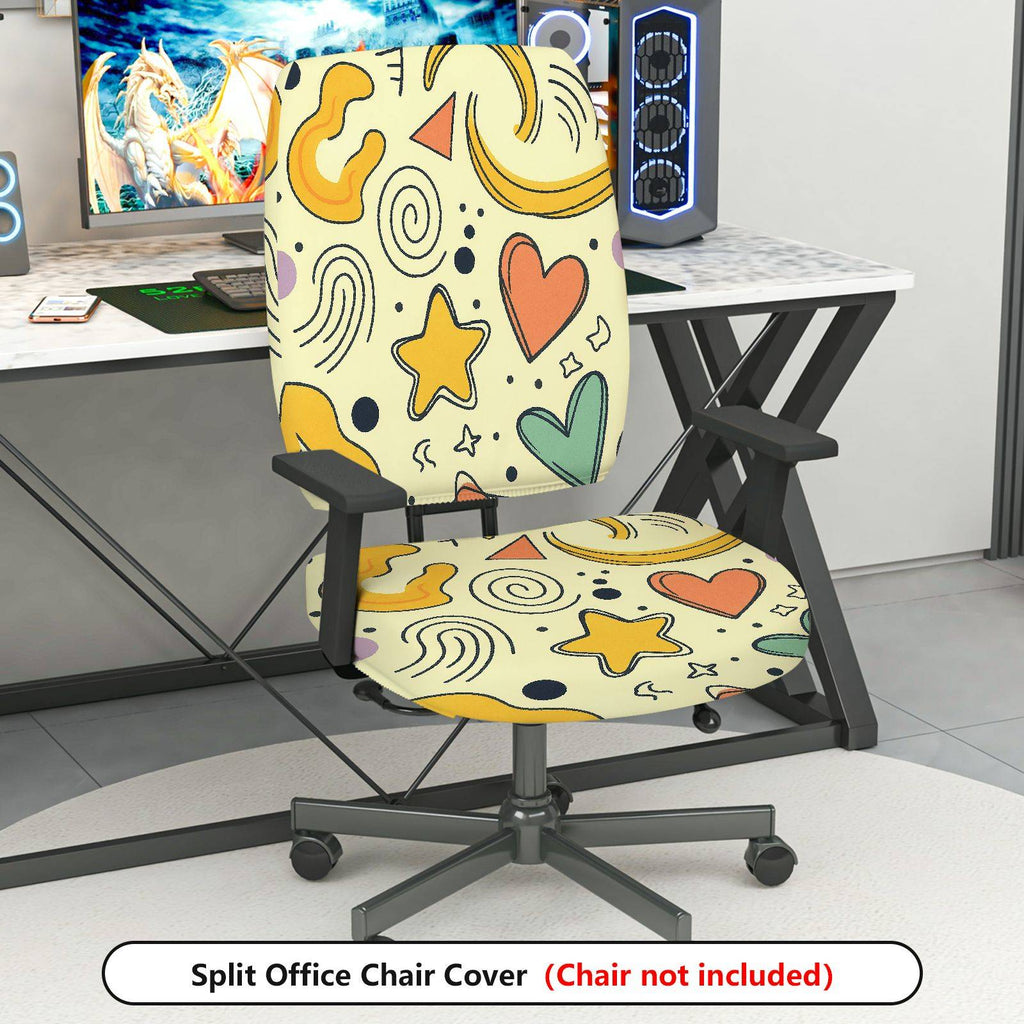 2-Piece Abstract Hearts Stars Swirls Yellow  Computer Chair Cover Set, Seat and Backrest
