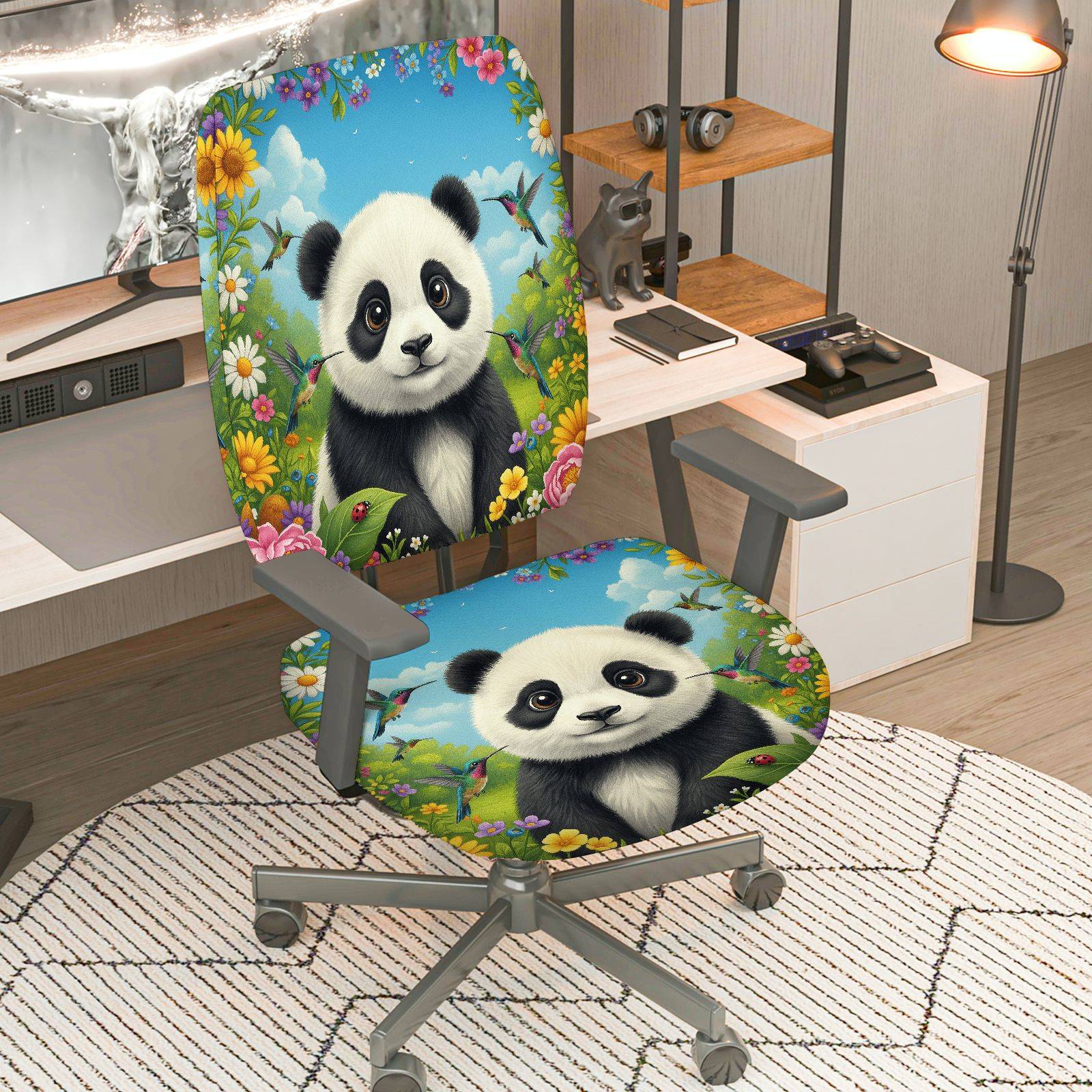 2-Piece Panda Floral Nature Animal Spring  Computer Chair Cover Set, Seat and Backrest