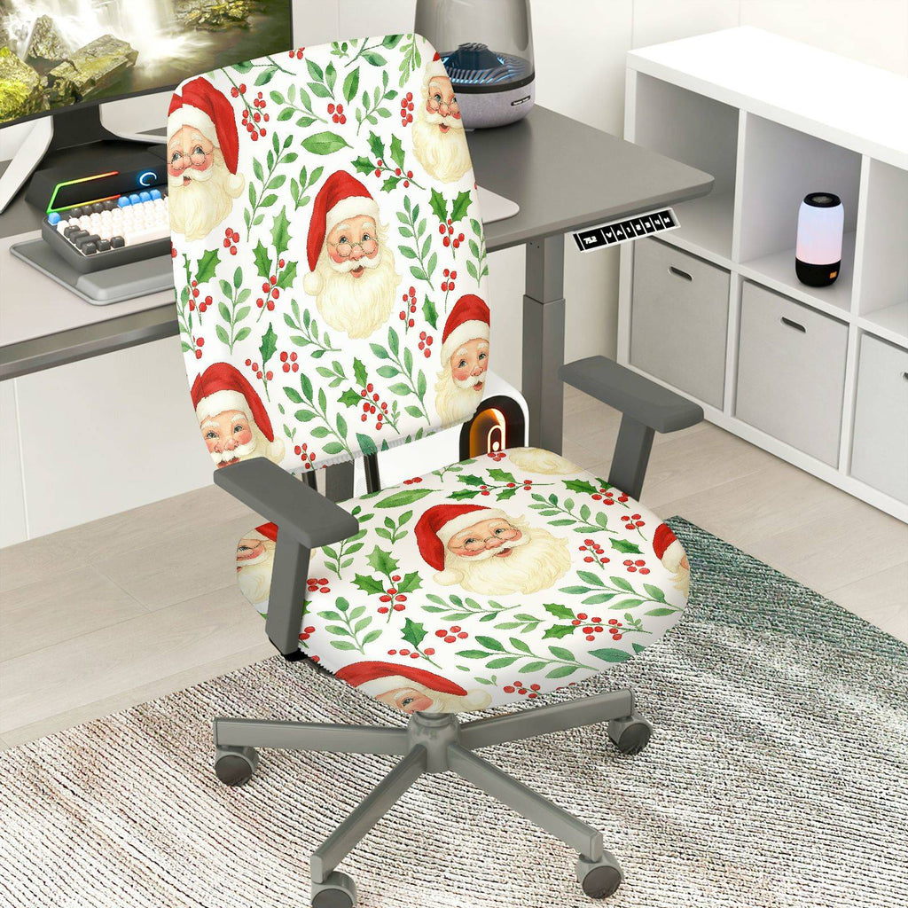 2-Piece Christmas Santa Claus Holly Berry Festive Decoration  Computer Chair Cover Set, Seat and Backrest