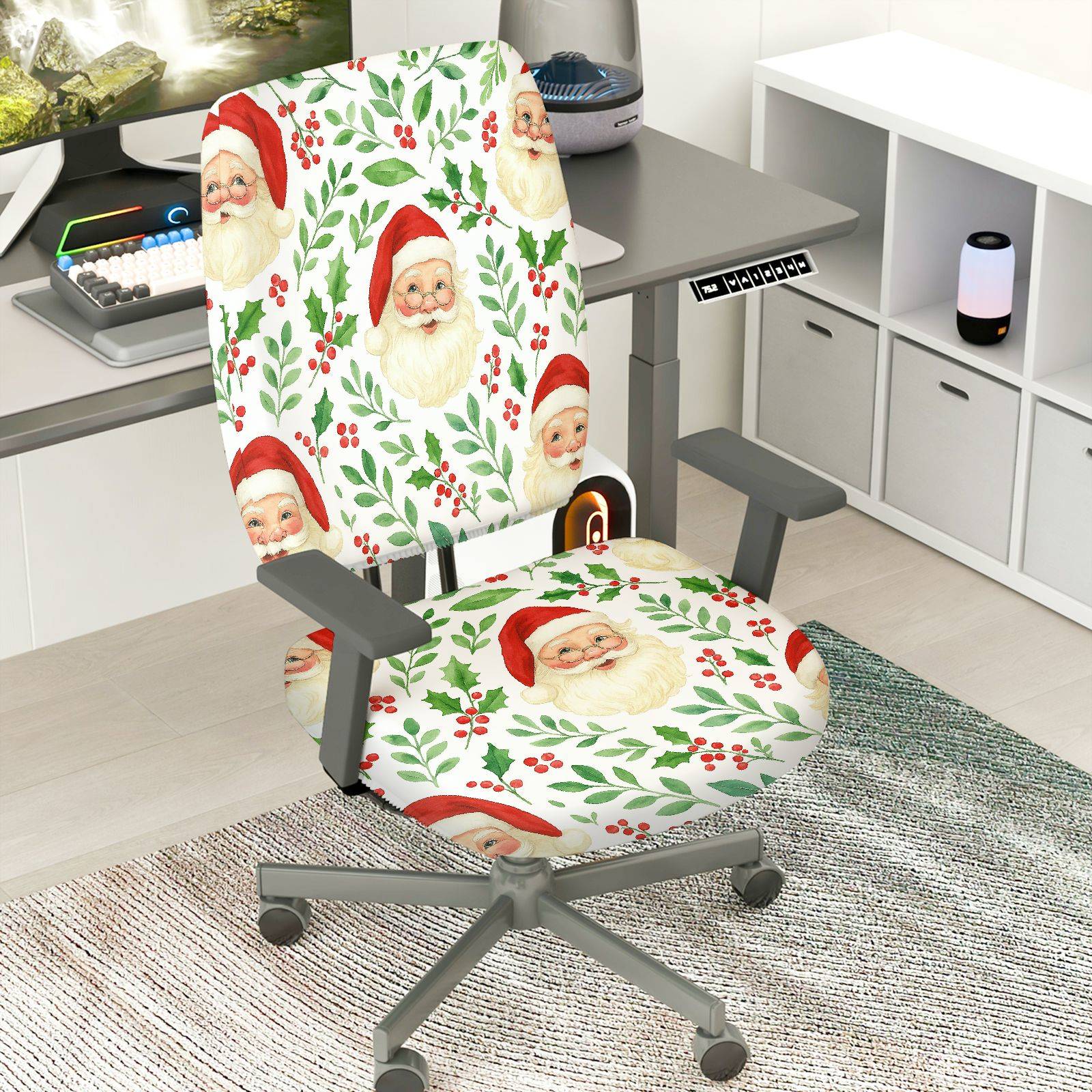 2-Piece Christmas Santa Claus Holly Berry Festive Decoration  Computer Chair Cover Set, Seat and Backrest