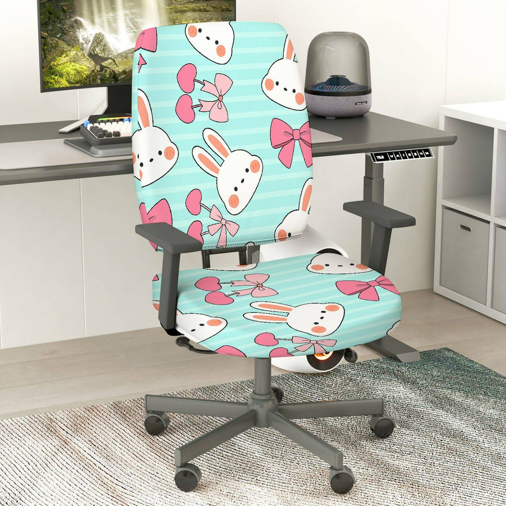 2-Piece Adorable Rabbit Pink Bow Heart Striped  Computer Chair Cover Set, Seat and Backrest