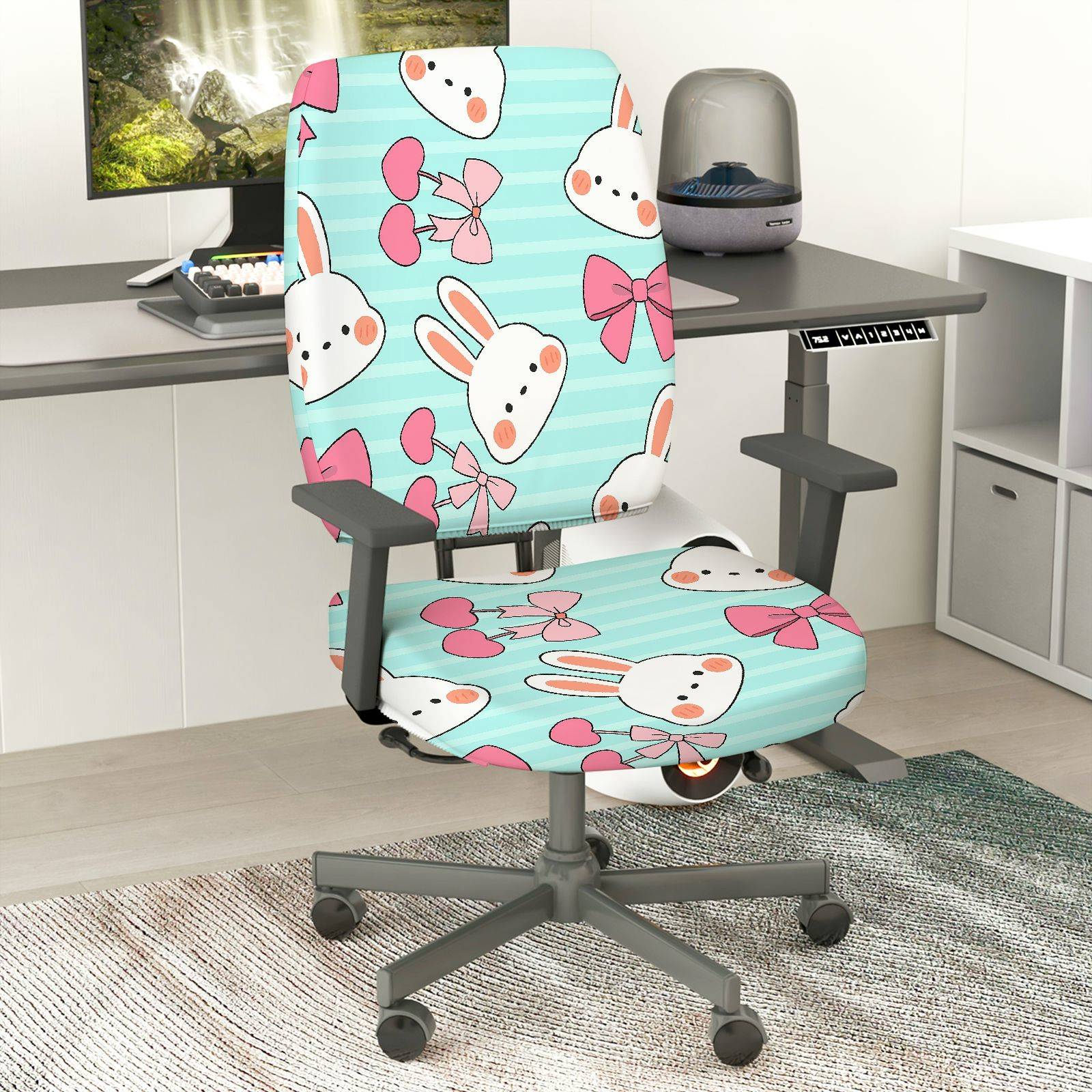 2-Piece Adorable Rabbit Pink Bow Heart Striped  Computer Chair Cover Set, Seat and Backrest