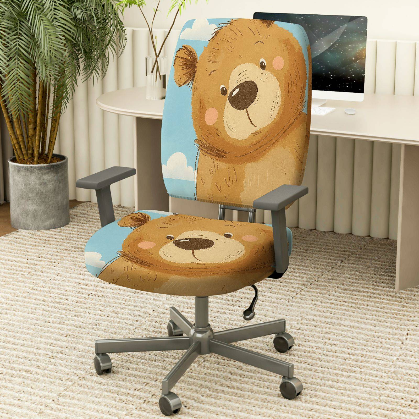 2-Piece Cute Bear Cloud Sky Fun  Computer Chair Cover Set, Seat and Backrest