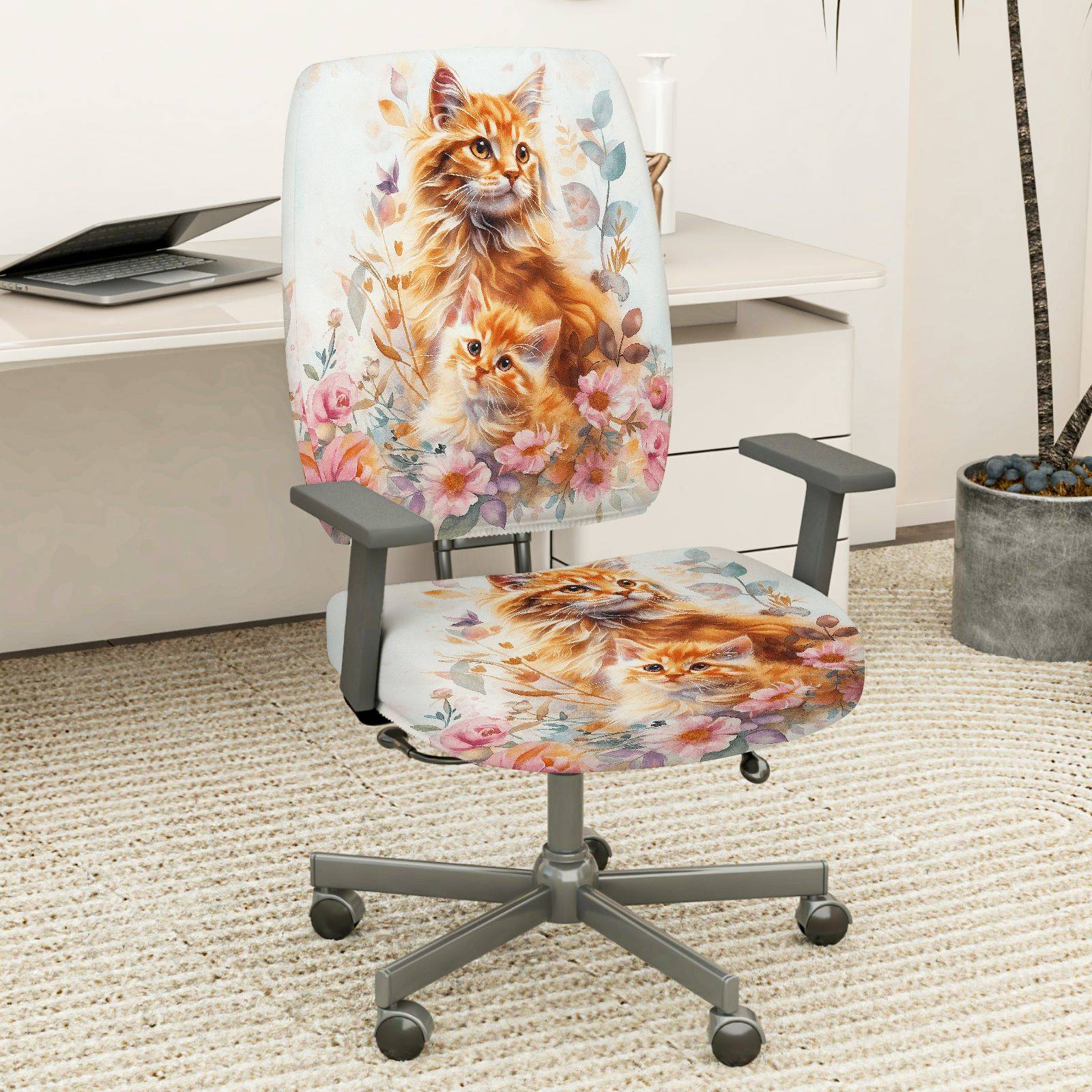 2-Piece Cute Floral Cat Animal Art  Computer Chair Cover Set, Seat and Backrest