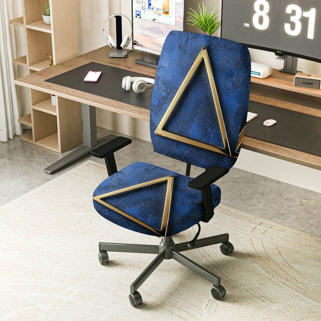 2-Piece Geometric Design Modern Blue Gold Triangle  Computer Chair Cover Set, Seat and Backrest