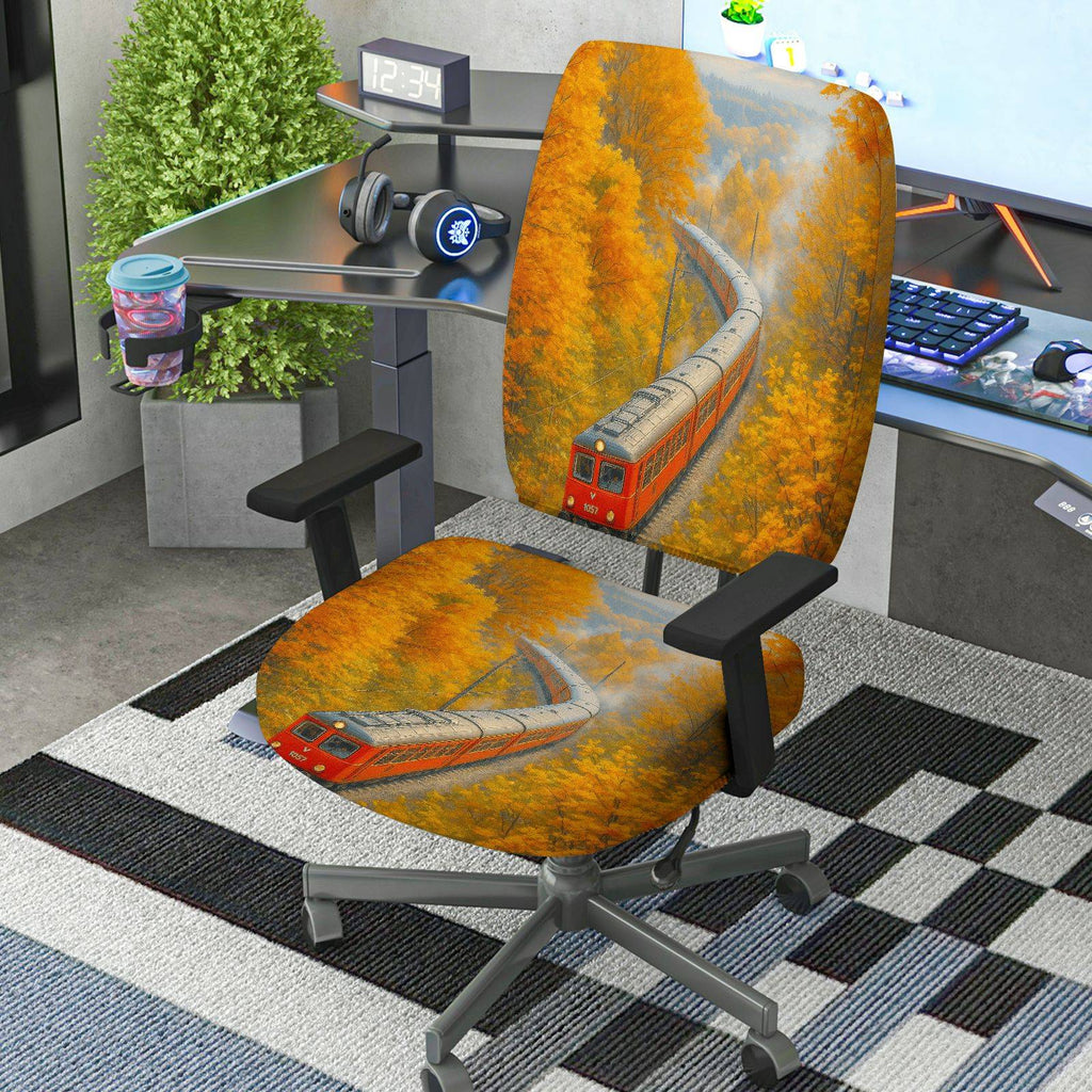 2-Piece Autumn Scenic Train Landscape  Computer Chair Cover Set, Seat and Backrest