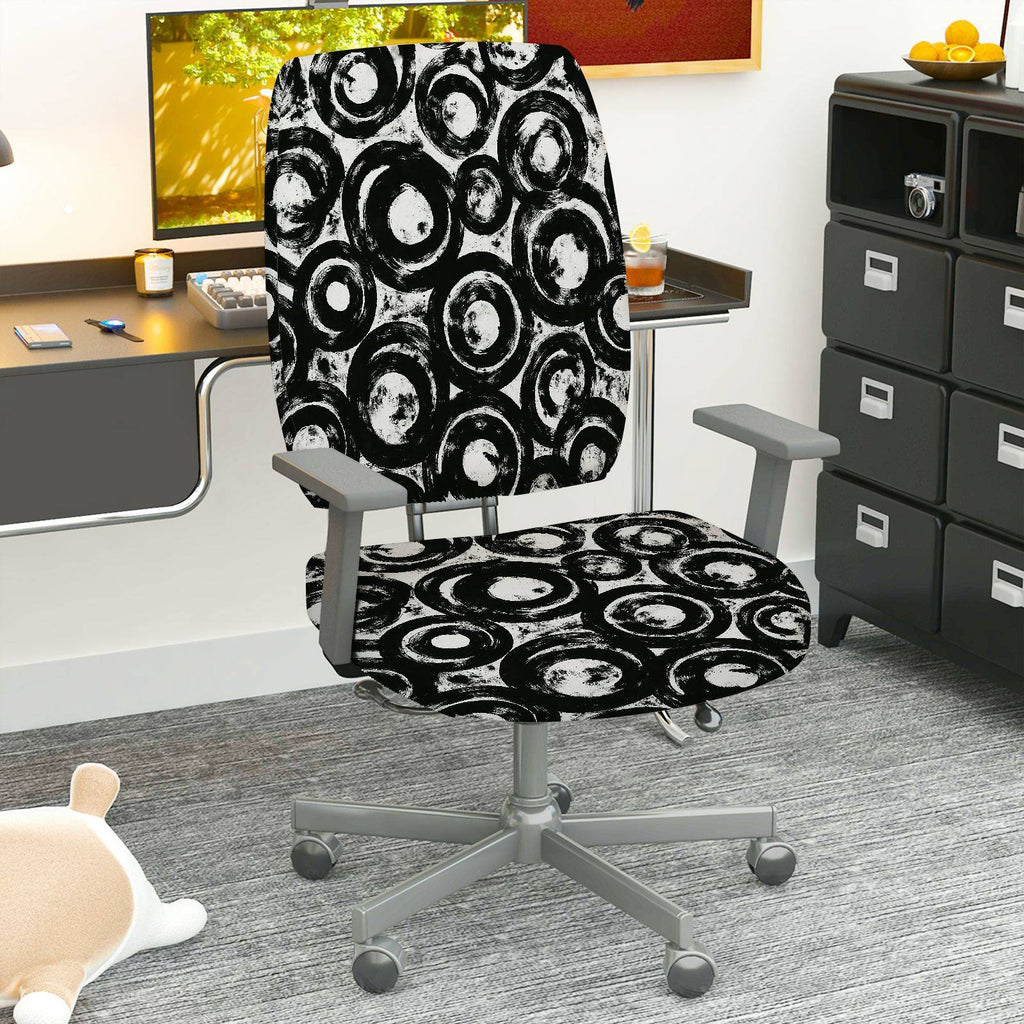 2-Piece Abstract Art Black White Circles  Computer Chair Cover Set, Seat and Backrest