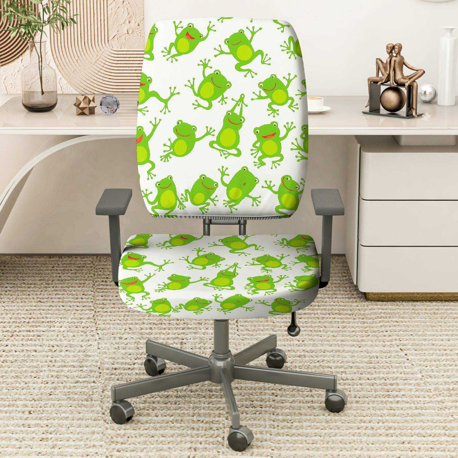 2-Piece Frog Green Animal Funny  Computer Chair Cover Set, Seat and Backrest