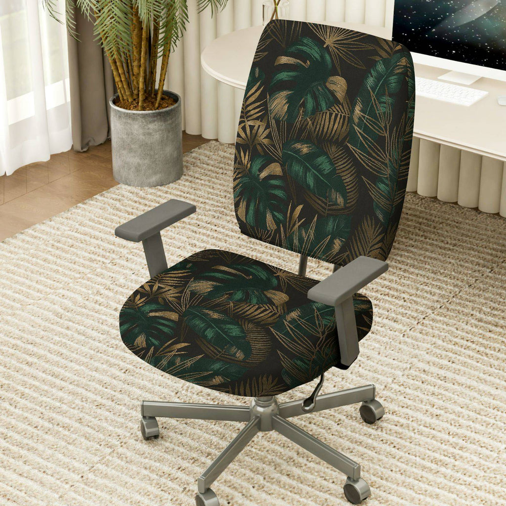 2-Piece Tropical Leaf Green Black Gold  Computer Chair Cover Set, Seat and Backrest