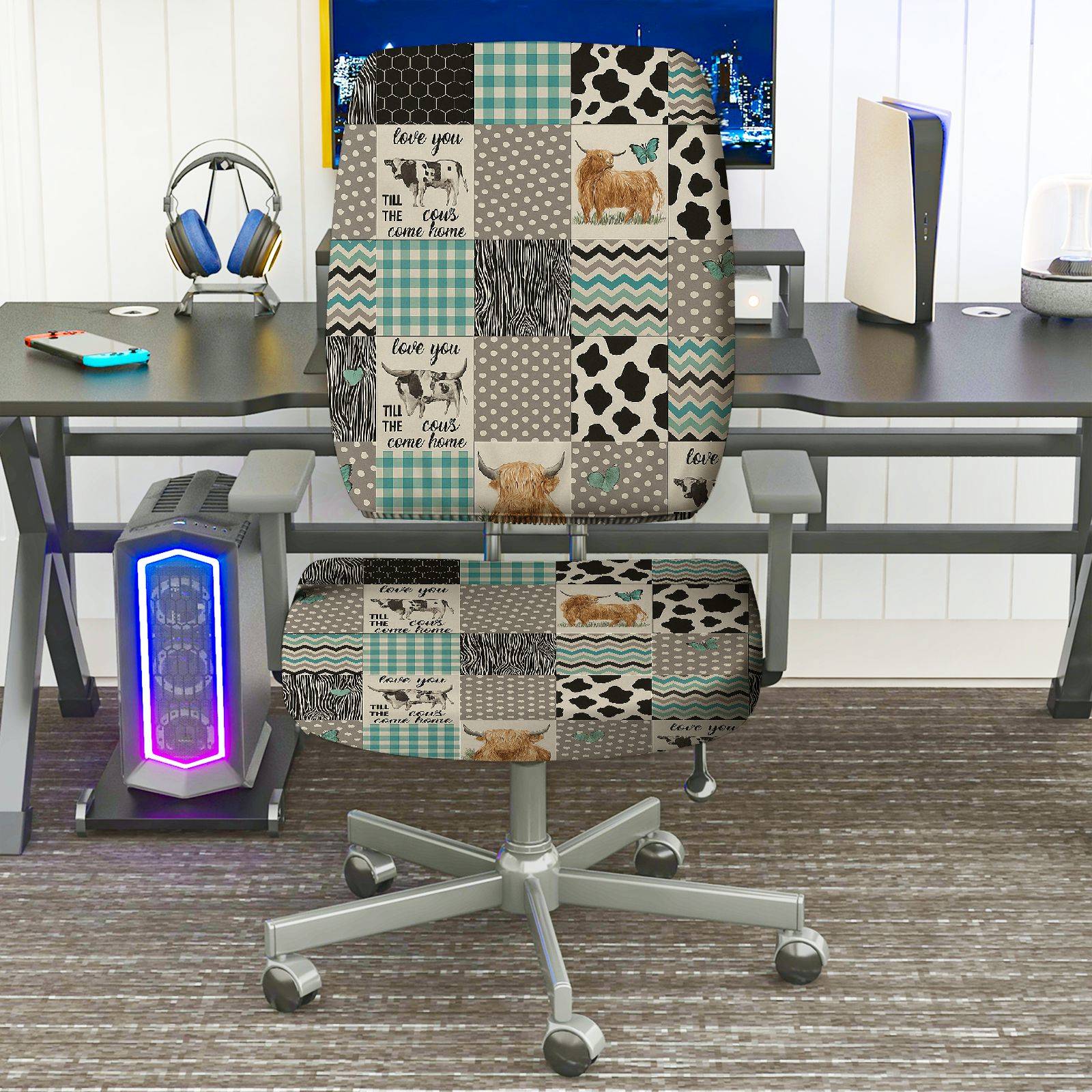 2-Piece Animal Farm Checkered Patchwork  Computer Chair Cover Set, Seat and Backrest