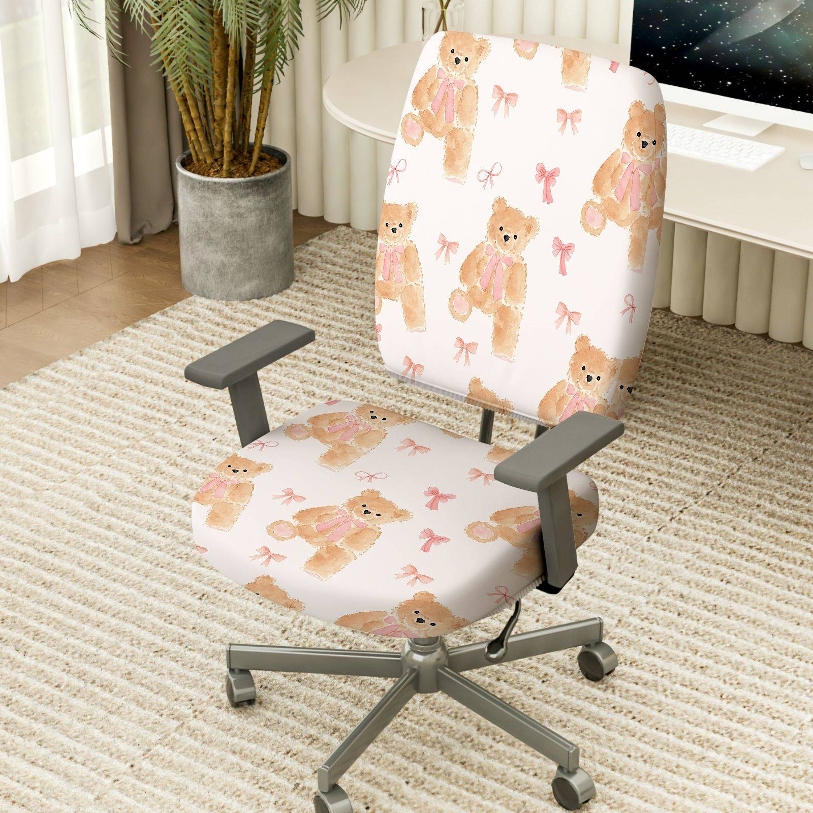 2-Piece Adorable Teddy Bear Pink Ribbon Sweet Cute Fun  Computer Chair Cover Set, Seat and Backrest