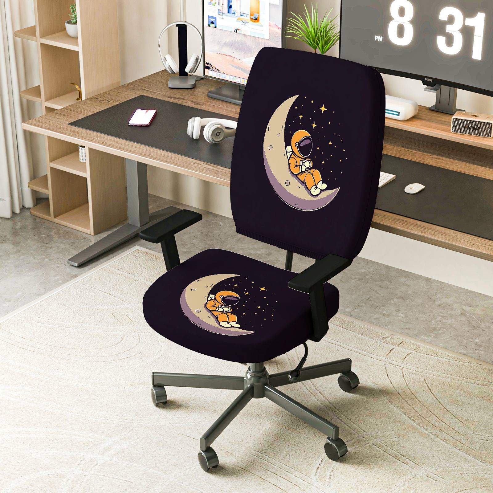 2-Piece Astronaut Moon Starry Night Space Universe  Computer Chair Cover Set, Seat and Backrest