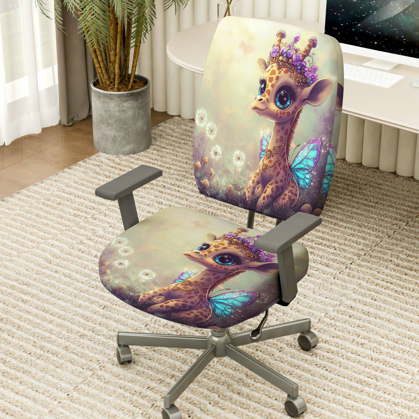 2-Piece Adorable Giraffe Fairy Crown Dandelion Purple  Computer Chair Cover Set, Seat and Backrest