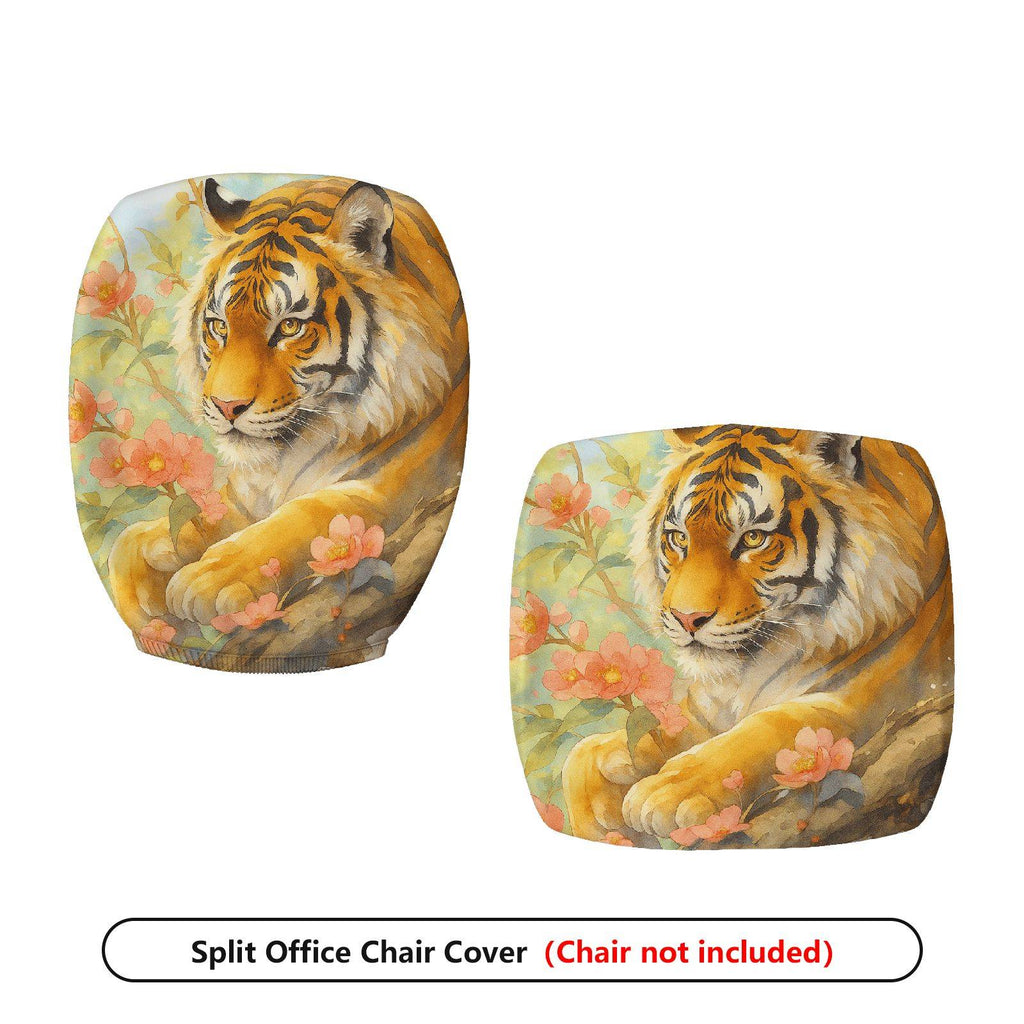 2-Piece Animal Tiger Floral Nature Art  Computer Chair Cover Set, Seat and Backrest