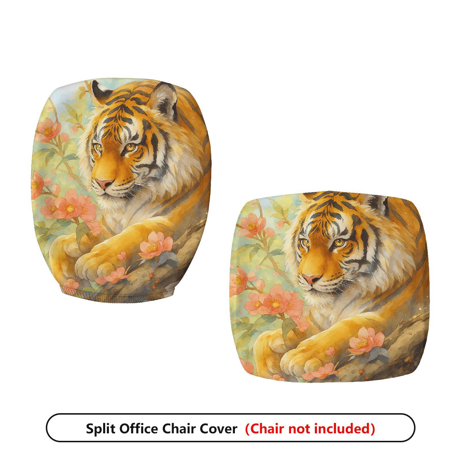 2-Piece Animal Tiger Floral Nature Art  Computer Chair Cover Set, Seat and Backrest