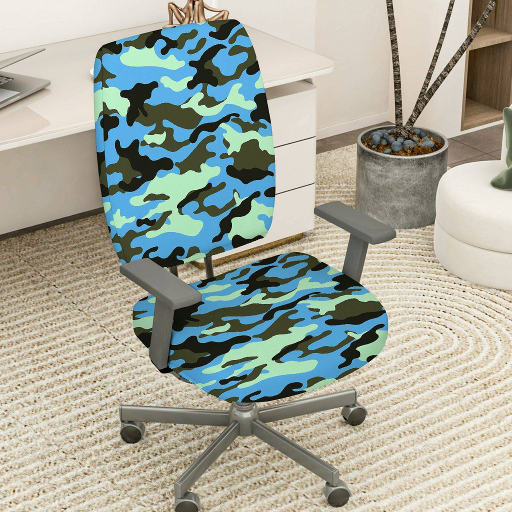 2-Piece Camouflage Green Blue Black  Computer Chair Cover Set, Seat and Backrest