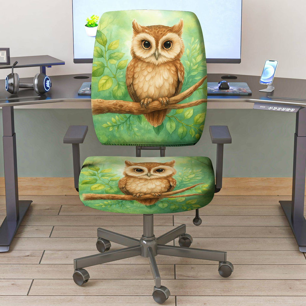 2-Piece Owl Nature Green Art Animal Forest  Computer Chair Cover Set, Seat and Backrest