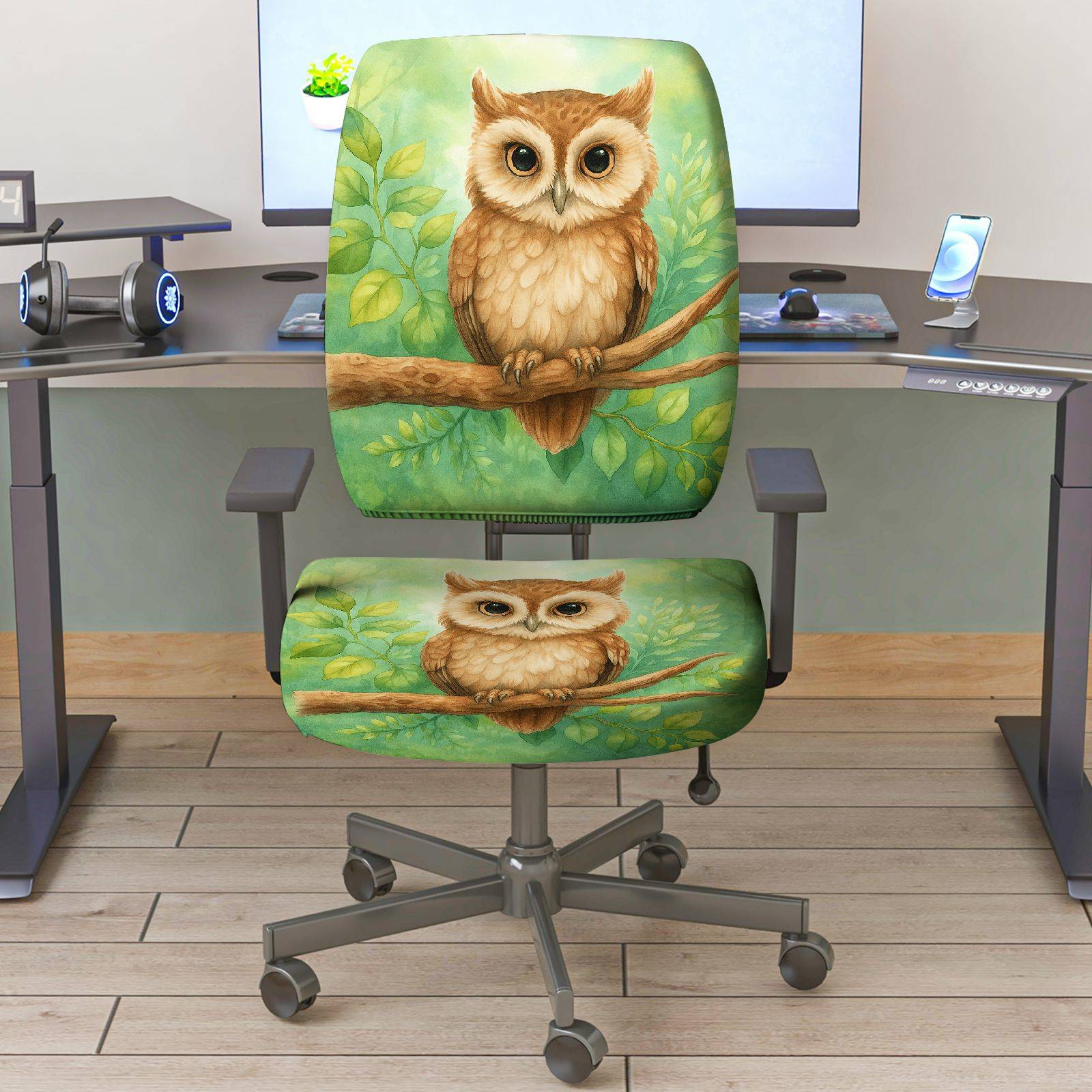 2-Piece Owl Nature Green Art Animal Forest  Computer Chair Cover Set, Seat and Backrest