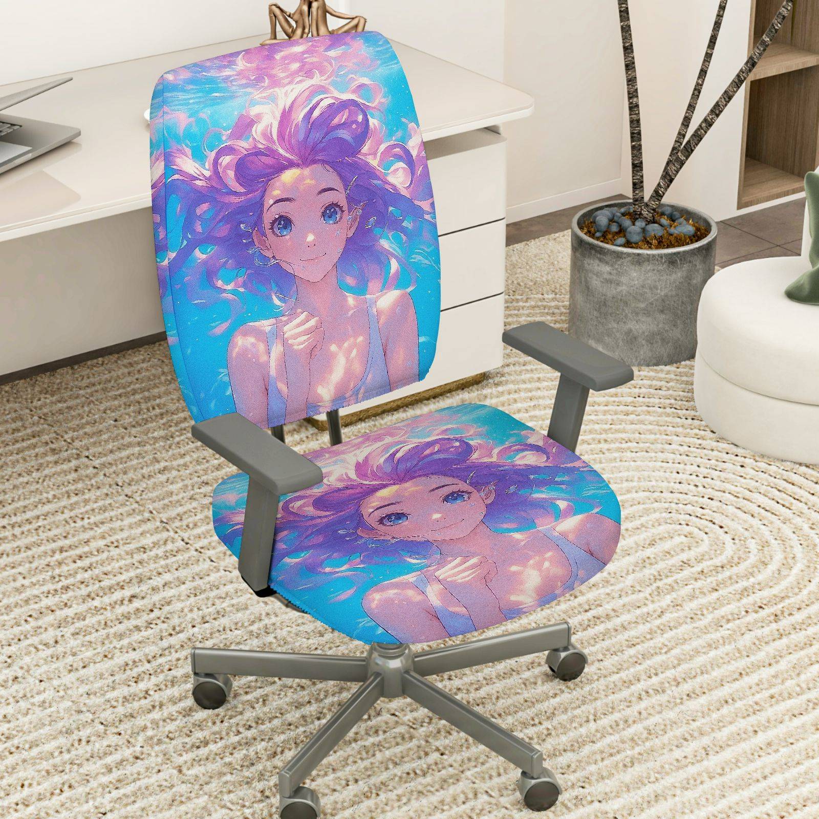 2-Piece Anime Fantasy Girl Colorful Art  Computer Chair Cover Set, Seat and Backrest