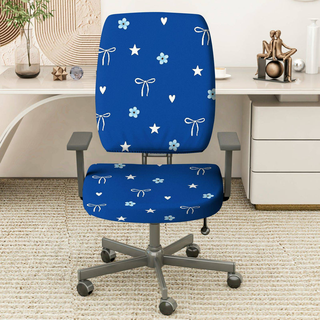 2-Piece Blue Star Heart Bow Flower  Computer Chair Cover Set, Seat and Backrest