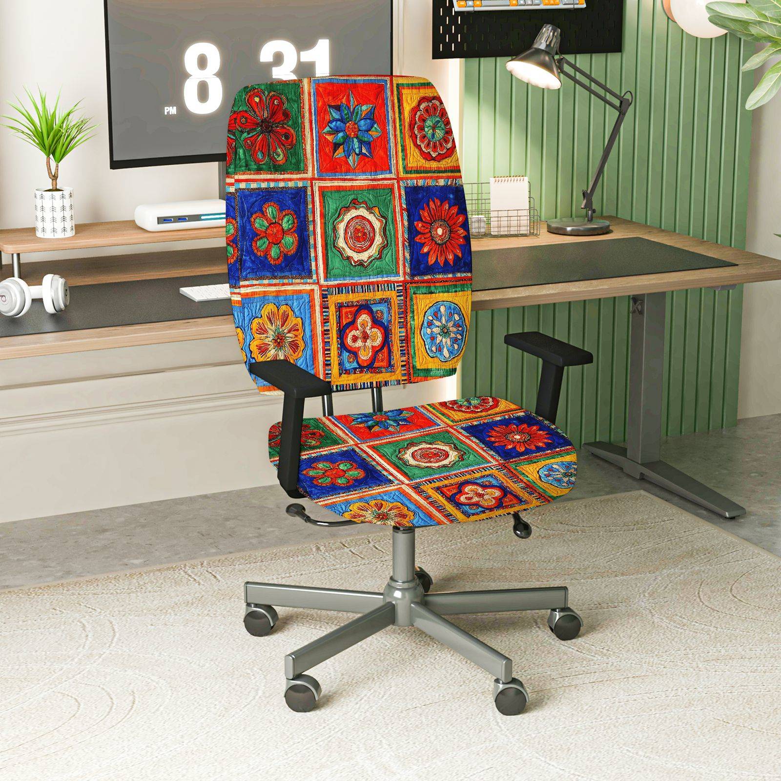 2-Piece Bohemian Colorful Geometric Floral Pattern  Computer Chair Cover Set, Seat and Backrest