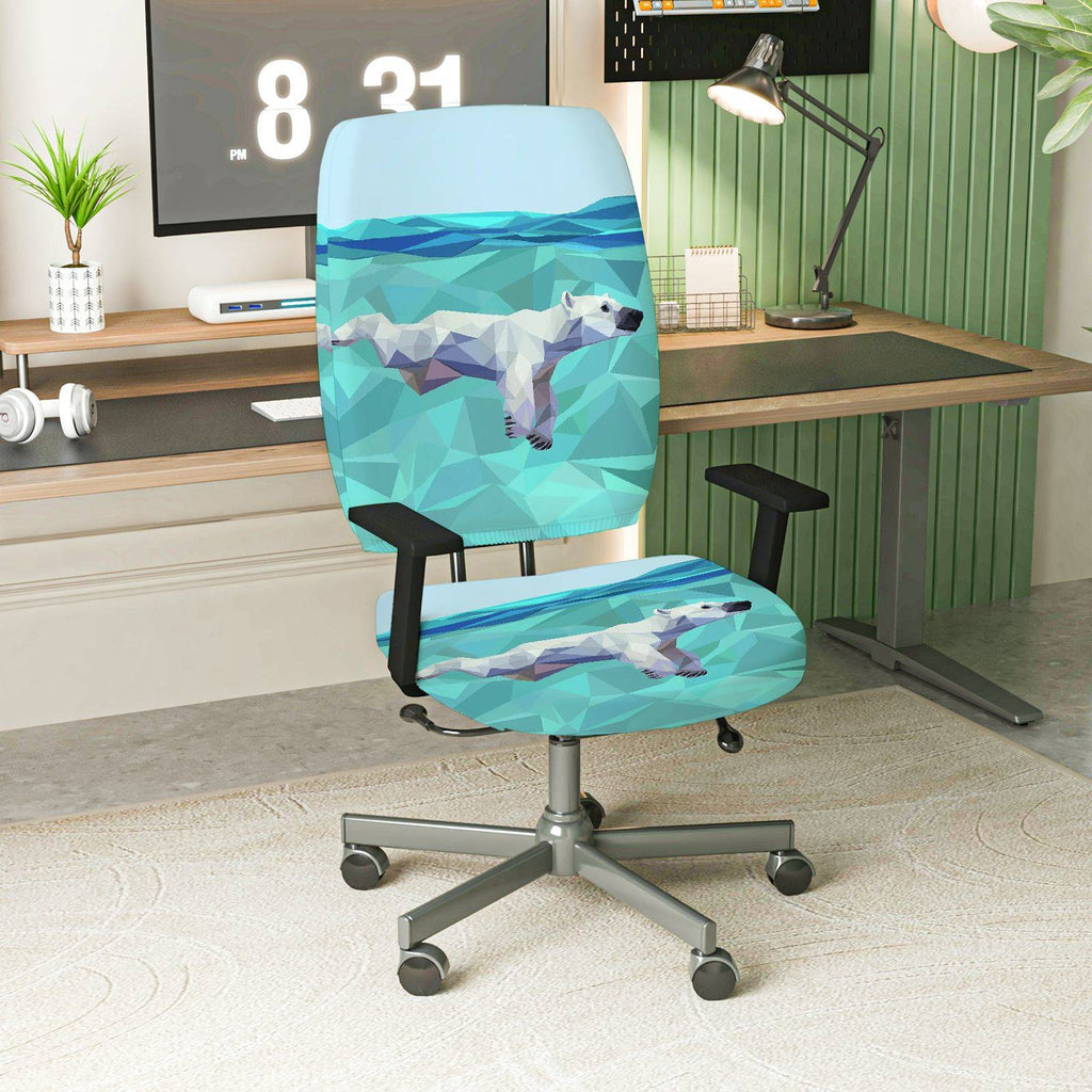 2-Piece Geometric Animal Polar Bear Blue Green Arctic Adjustable  Computer Chair Cover Set, Seat and Backrest