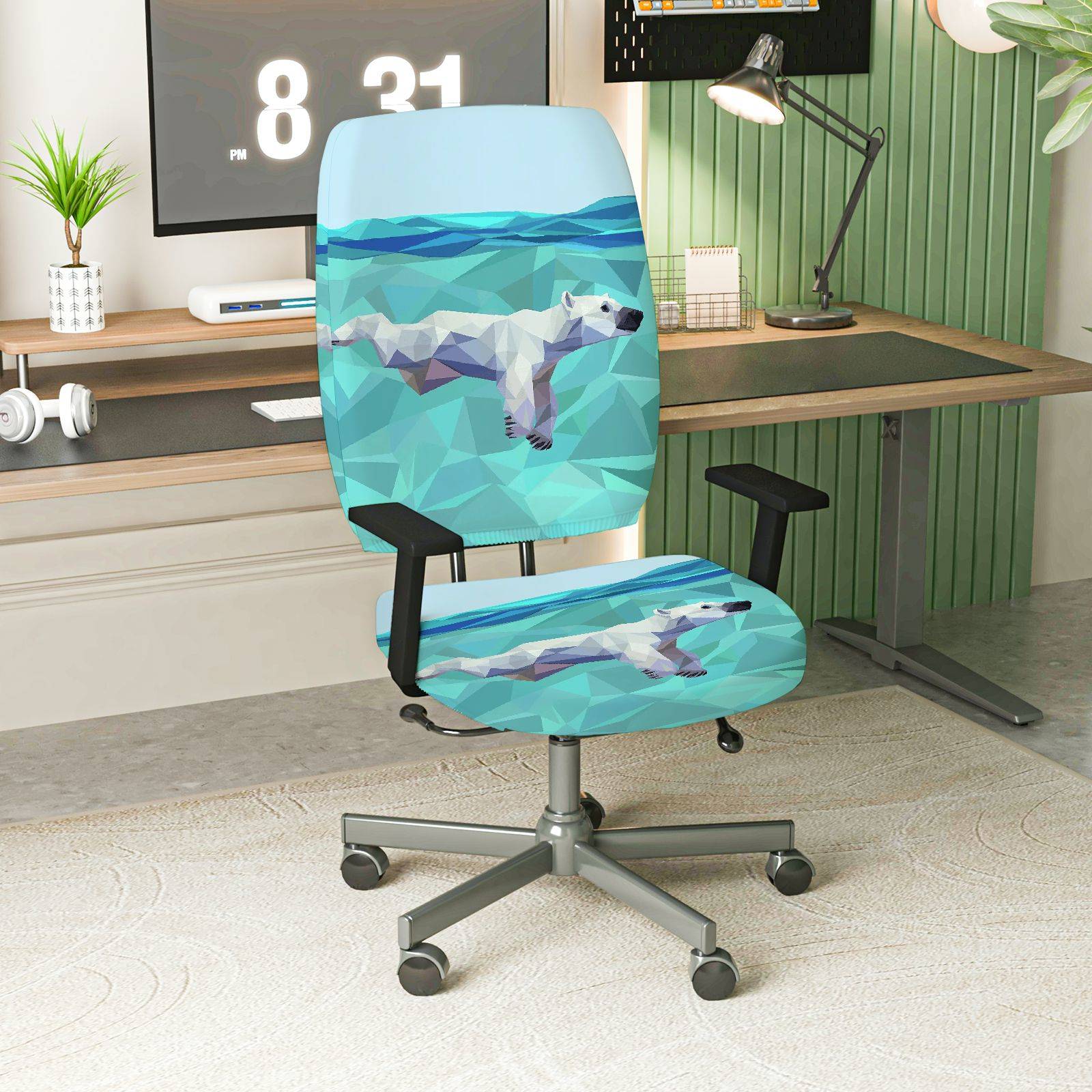 2-Piece Geometric Animal Polar Bear Blue Green Arctic Adjustable  Computer Chair Cover Set, Seat and Backrest